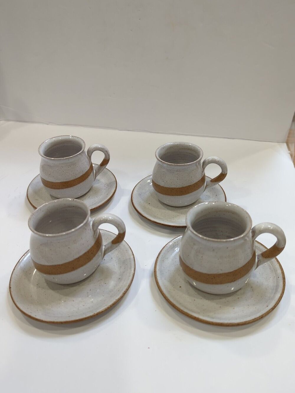 Stoneware Cups & Saucers, Dimatasse Two Tone Beige/Tan Set of 4.